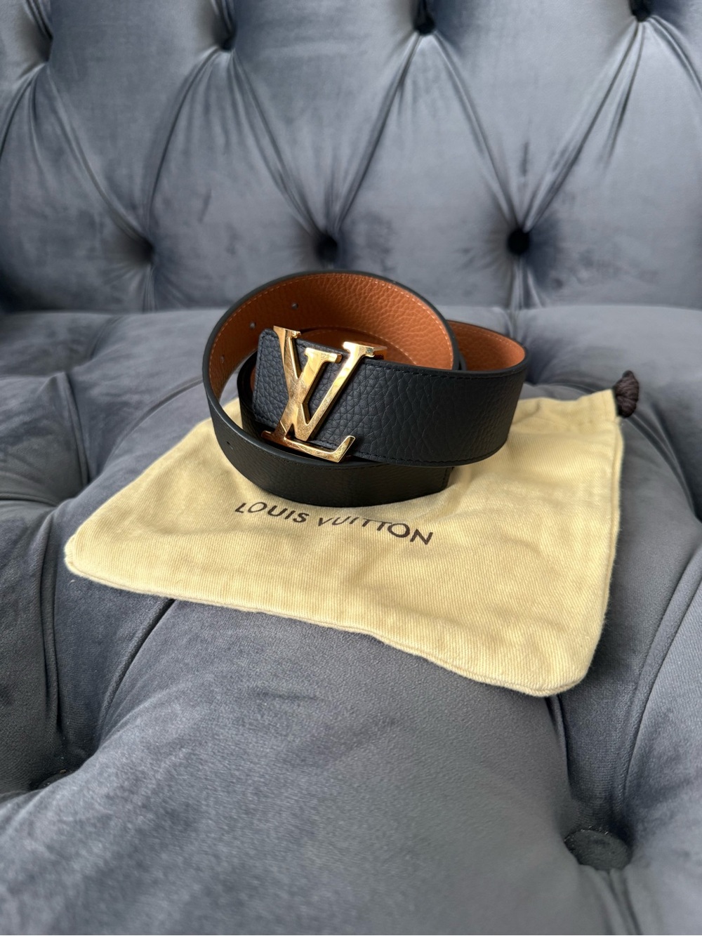 Louis Vuitton Reversible Tan Black Leather Belt with Gold LV Buckle size 100/40